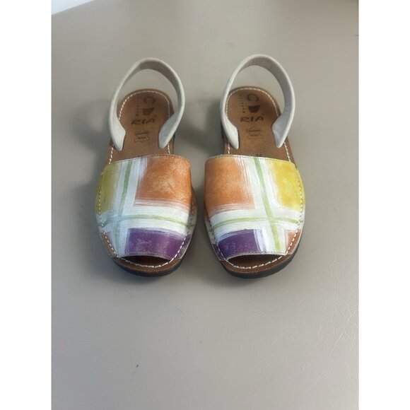 RIA MENORCA Sz 38/7 Cream Orange Green Leather Slip On Peep Toe Shoe Sandals - Picture 6 of 10